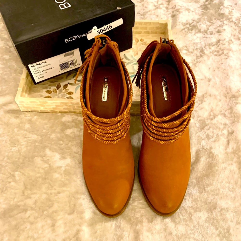 NWT BCBGeneration Camel with Soft Goat Braided Ankle Boots